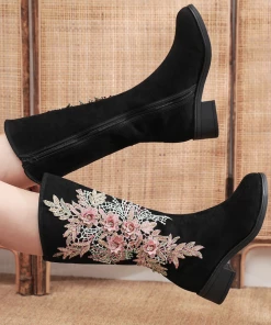 YR Cactus Rose | Embroidery Blooming Appliqued Long Knee Boots - Black