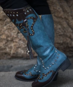 YL En Bloom | Studded Tassel Detailed Knee Western Boots - Blue