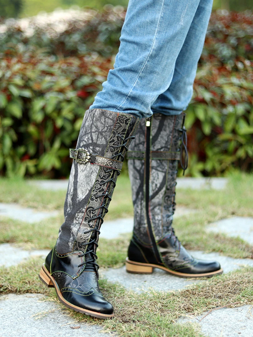 Soffia | Genuine Leather Black Forest Tie-Accent Boho High Boots Knee Boots 7 Soffia | Genuine Leather Black Forest Tie-Accent Boho High Boots Knee Boots