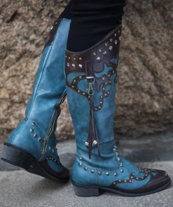 YL En Bloom | Studded Tassel Detailed Knee Western Boots - Blue