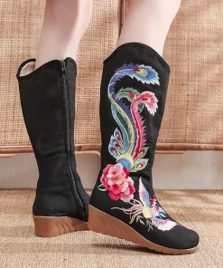 YR Cactus Rose | Embroidered Phoenix Long Boots - Black New In Shoes 15 YR Cactus Rose | Embroidered Phoenix Long Boots - Black New In Shoes