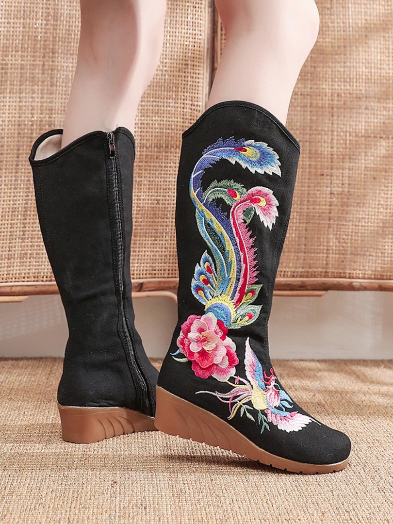YR Cactus Rose | Embroidered Phoenix Long Boots - Black New In Shoes 8 YR Cactus Rose | Embroidered Phoenix Long Boots - Black New In Shoes
