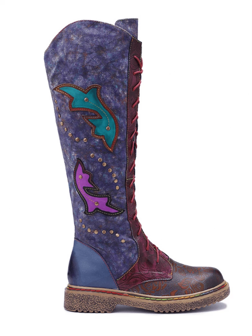 Soffia | Genuine Leather Galaxy Purple Printed Tie-Accent Boho High Knee Boots NEW ARRIVALS 6 Soffia | Genuine Leather Galaxy Purple Printed Tie-Accent Boho High Knee Boots NEW ARRIVALS