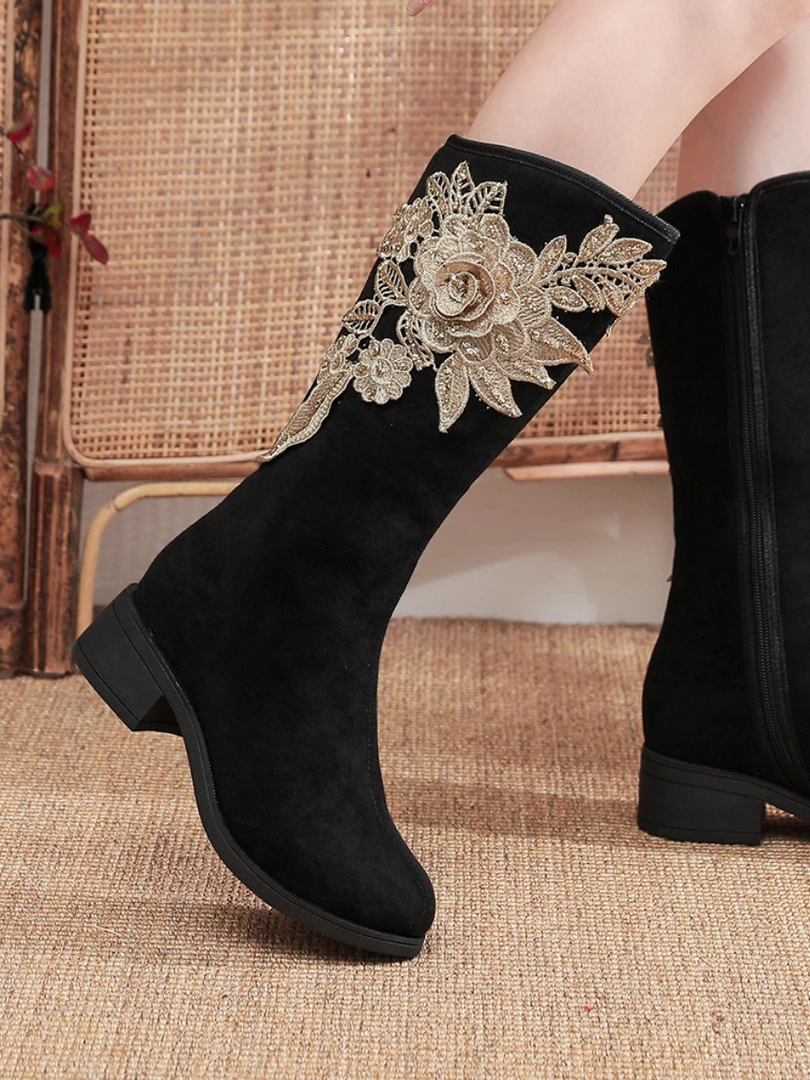 YR New In Shoes Cactus Rose | Golden Flower Appliqued Lace Detail Long Knee Boots - Black 8 YR New In Shoes Cactus Rose | Golden Flower Appliqued Lace Detail Long Knee Boots - Black