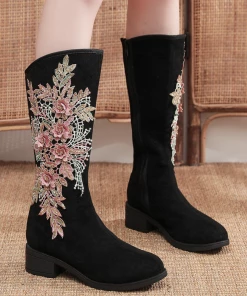 YR Cactus Rose | Embroidery Blooming Appliqued Long Knee Boots - Black