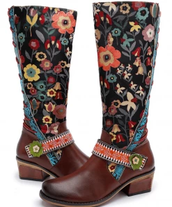 NEW ARRIVALS Soffia Genuine Leather Brown & Multicolor Floral Tie-Accent Knee Long Boots 16 NEW ARRIVALS Soffia Genuine Leather Brown & Multicolor Floral Tie-Accent Knee Long Boots