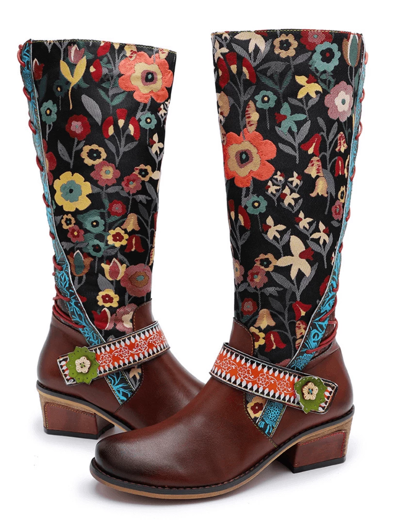 NEW ARRIVALS Soffia Genuine Leather Brown & Multicolor Floral Tie-Accent Knee Long Boots 7 NEW ARRIVALS Soffia Genuine Leather Brown & Multicolor Floral Tie-Accent Knee Long Boots