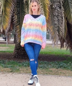 MY Smaibulun | Pink V Neck Heart Perforation Tie-Dye Sweater New In Clothing