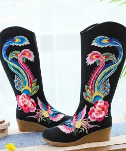 YR Cactus Rose | Embroidered Phoenix Long Boots - Black New In Shoes
