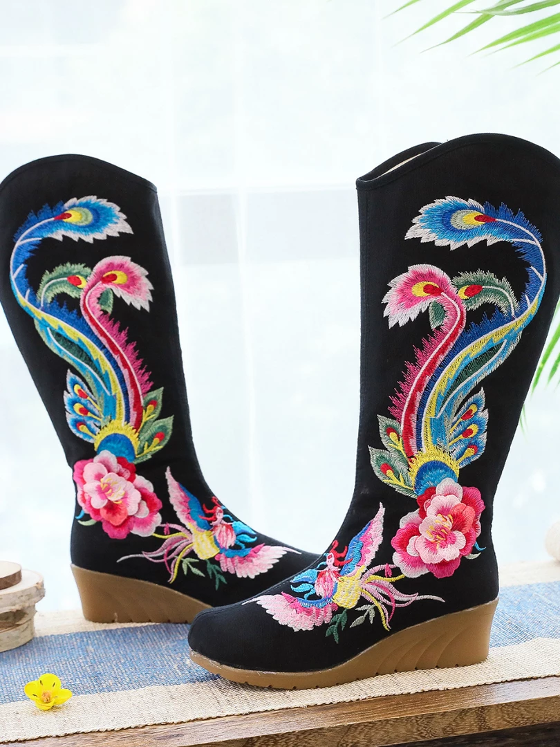 YR Cactus Rose | Embroidered Phoenix Long Boots - Black New In Shoes 2 YR Cactus Rose | Embroidered Phoenix Long Boots - Black New In Shoes