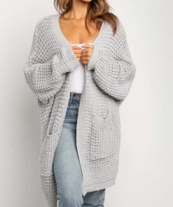 MY New In Clothing Smaibulun | Knit Pocket Open-Front Longline Cardigan - Grey