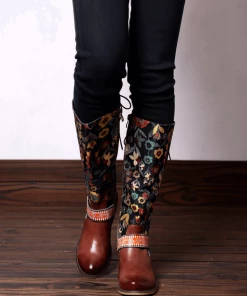 NEW ARRIVALS Soffia Genuine Leather Brown & Multicolor Floral Tie-Accent Knee Long Boots 12 NEW ARRIVALS Soffia Genuine Leather Brown & Multicolor Floral Tie-Accent Knee Long Boots