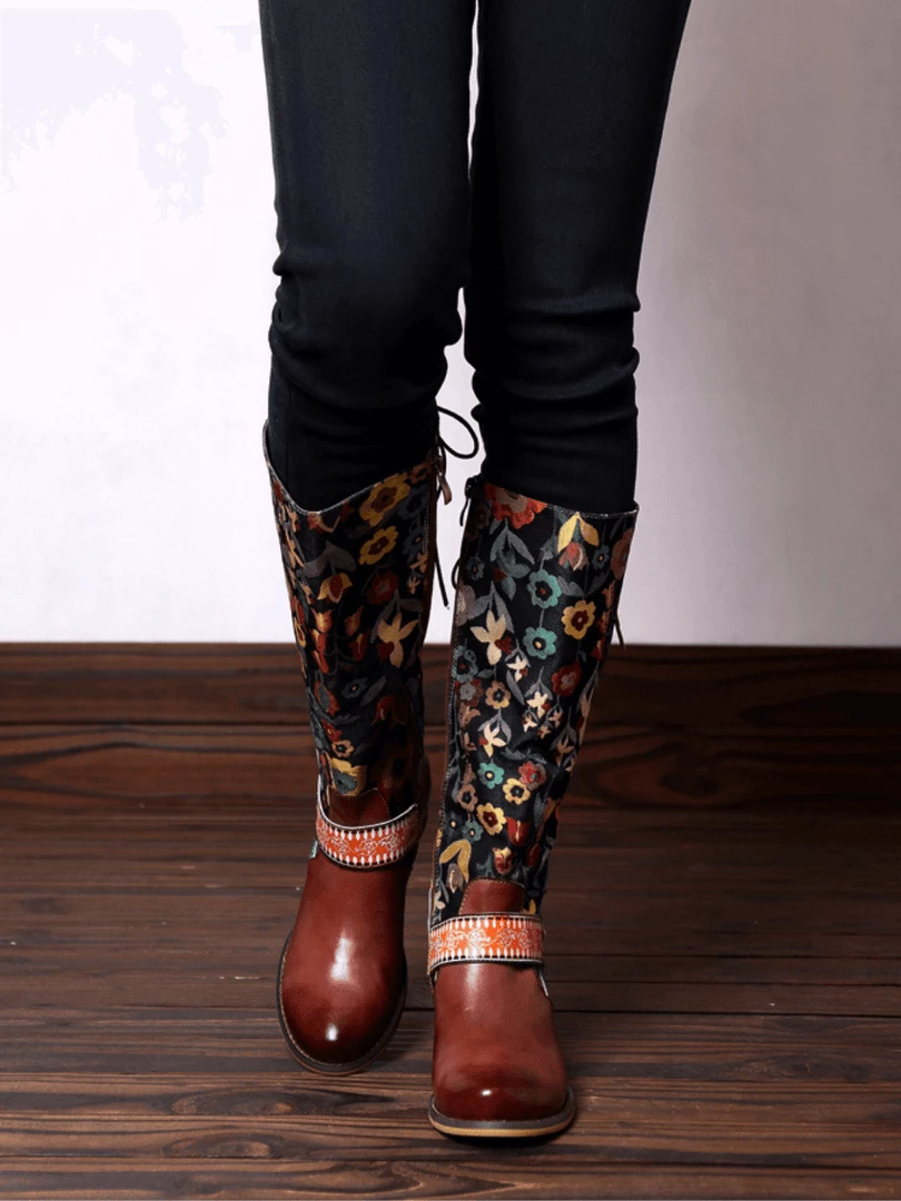 NEW ARRIVALS Soffia Genuine Leather Brown & Multicolor Floral Tie-Accent Knee Long Boots 3 NEW ARRIVALS Soffia Genuine Leather Brown & Multicolor Floral Tie-Accent Knee Long Boots