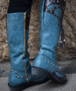YL En Bloom | Studded Tassel Detailed Knee Western Boots - Blue