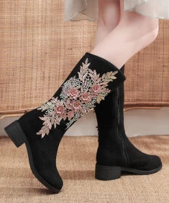 YR Cactus Rose | Embroidery Blooming Appliqued Long Knee Boots - Black