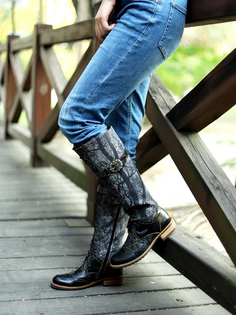 Soffia | Genuine Leather Black Forest Tie-Accent Boho High Boots Knee Boots 6 Soffia | Genuine Leather Black Forest Tie-Accent Boho High Boots Knee Boots