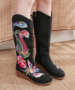YR Cactus Rose | Embroidered Phoenix Long Boots - Black New In Shoes 12 YR Cactus Rose | Embroidered Phoenix Long Boots - Black New In Shoes