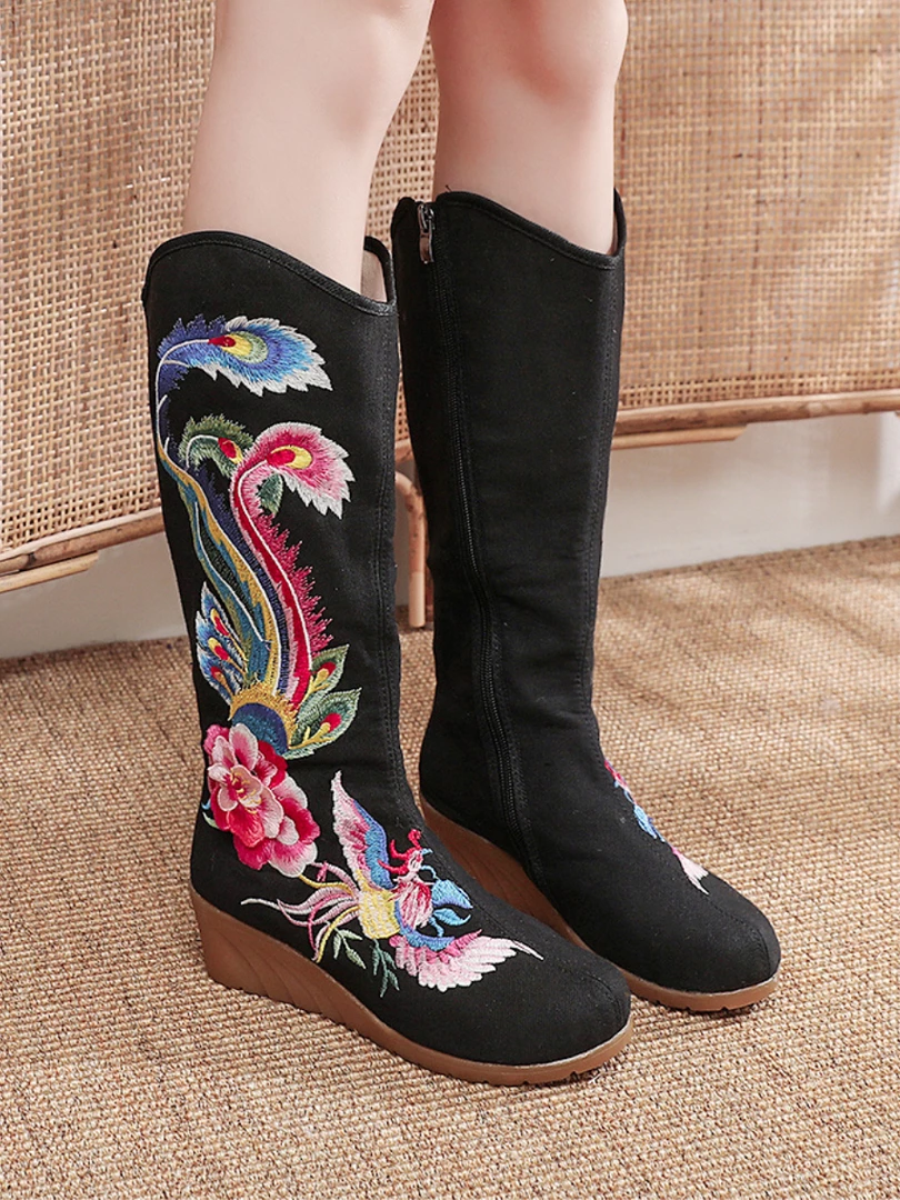 YR Cactus Rose | Embroidered Phoenix Long Boots - Black New In Shoes 5 YR Cactus Rose | Embroidered Phoenix Long Boots - Black New In Shoes