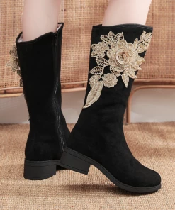 YR New In Shoes Cactus Rose | Golden Flower Appliqued Lace Detail Long Knee Boots - Black 14 YR New In Shoes Cactus Rose | Golden Flower Appliqued Lace Detail Long Knee Boots - Black