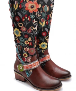 NEW ARRIVALS Soffia Genuine Leather Brown & Multicolor Floral Tie-Accent Knee Long Boots 17 NEW ARRIVALS Soffia Genuine Leather Brown & Multicolor Floral Tie-Accent Knee Long Boots