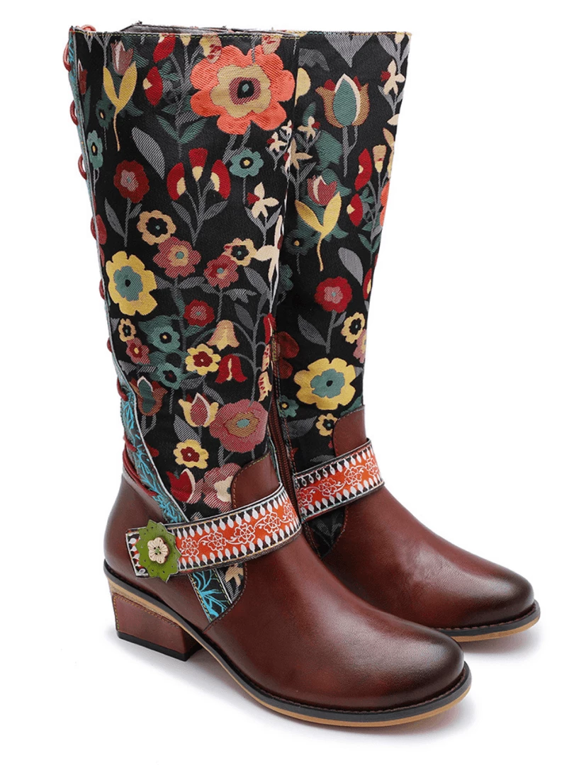 NEW ARRIVALS Soffia Genuine Leather Brown & Multicolor Floral Tie-Accent Knee Long Boots 8 NEW ARRIVALS Soffia Genuine Leather Brown & Multicolor Floral Tie-Accent Knee Long Boots