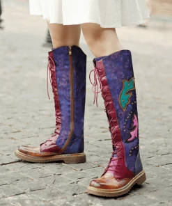 Soffia | Genuine Leather Galaxy Purple Printed Tie-Accent Boho High Knee Boots NEW ARRIVALS