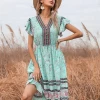BFZY Smaibulun | Light Green Floral Print Button Front V-Neck Midi Dress New In Clothing