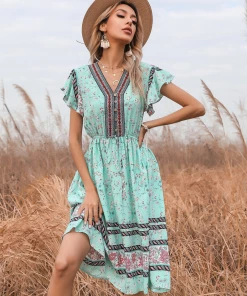 BFZY Smaibulun | Light Green Floral Print Button Front V-Neck Midi Dress New In Clothing