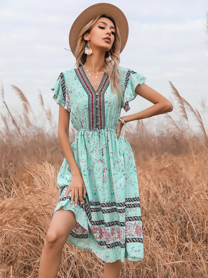 BFZY Smaibulun | Light Green Floral Print Button Front V-Neck Midi Dress New In Clothing 1 BFZY Smaibulun | Light Green Floral Print Button Front V-Neck Midi Dress New In Clothing