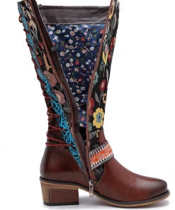 NEW ARRIVALS Soffia Genuine Leather Brown & Multicolor Floral Tie-Accent Knee Long Boots 18 NEW ARRIVALS Soffia Genuine Leather Brown & Multicolor Floral Tie-Accent Knee Long Boots