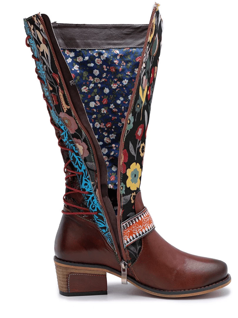 NEW ARRIVALS Soffia Genuine Leather Brown & Multicolor Floral Tie-Accent Knee Long Boots 9 NEW ARRIVALS Soffia Genuine Leather Brown & Multicolor Floral Tie-Accent Knee Long Boots