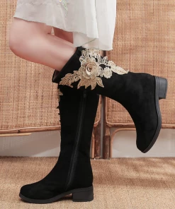 YR New In Shoes Cactus Rose | Golden Flower Appliqued Lace Detail Long Knee Boots - Black 15 YR New In Shoes Cactus Rose | Golden Flower Appliqued Lace Detail Long Knee Boots - Black