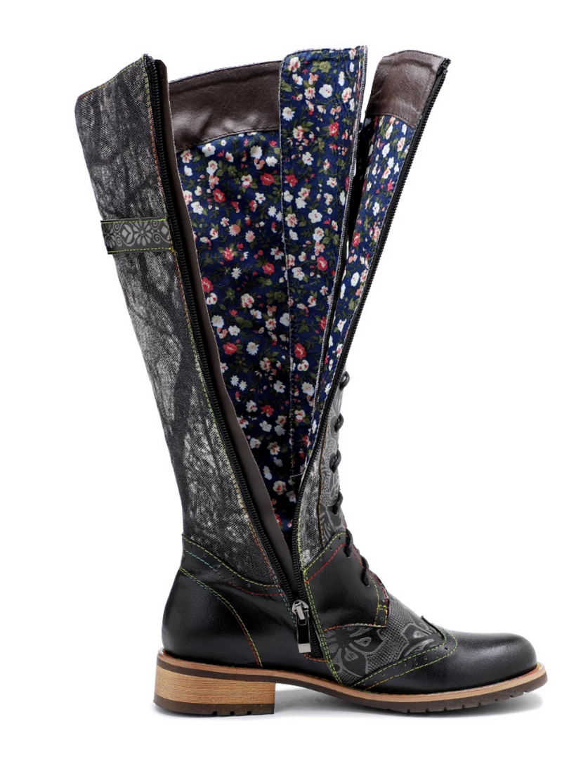 Soffia | Genuine Leather Black Forest Tie-Accent Boho High Boots Knee Boots 9 Soffia | Genuine Leather Black Forest Tie-Accent Boho High Boots Knee Boots