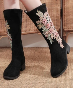 YR Cactus Rose | Embroidery Blooming Appliqued Long Knee Boots - Black
