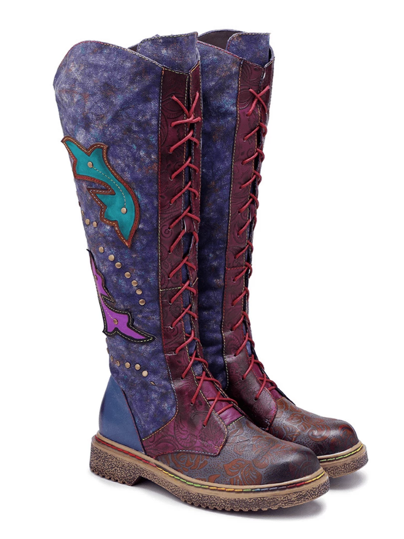 Soffia | Genuine Leather Galaxy Purple Printed Tie-Accent Boho High Knee Boots NEW ARRIVALS 4 Soffia | Genuine Leather Galaxy Purple Printed Tie-Accent Boho High Knee Boots NEW ARRIVALS