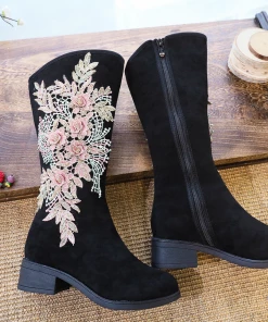 YR Cactus Rose | Embroidery Blooming Appliqued Long Knee Boots - Black