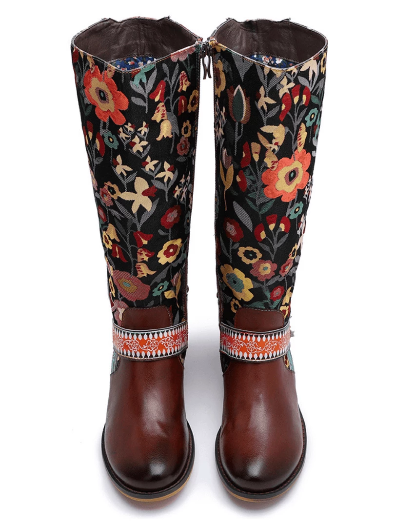 NEW ARRIVALS Soffia Genuine Leather Brown & Multicolor Floral Tie-Accent Knee Long Boots 10 NEW ARRIVALS Soffia Genuine Leather Brown & Multicolor Floral Tie-Accent Knee Long Boots