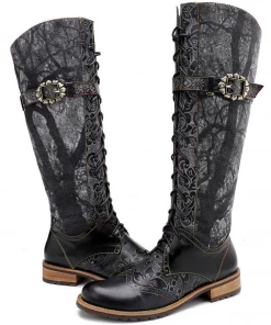 Soffia | Genuine Leather Black Forest Tie-Accent Boho High Boots Knee Boots 19 Soffia | Genuine Leather Black Forest Tie-Accent Boho High Boots Knee Boots