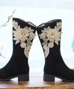 YR New In Shoes Cactus Rose | Golden Flower Appliqued Lace Detail Long Knee Boots - Black 17 YR New In Shoes Cactus Rose | Golden Flower Appliqued Lace Detail Long Knee Boots - Black