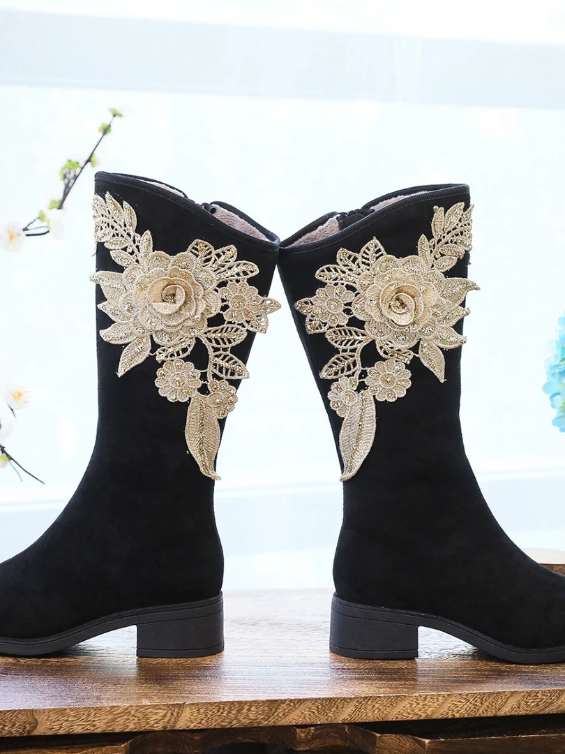 YR New In Shoes Cactus Rose | Golden Flower Appliqued Lace Detail Long Knee Boots - Black 9 YR New In Shoes Cactus Rose | Golden Flower Appliqued Lace Detail Long Knee Boots - Black