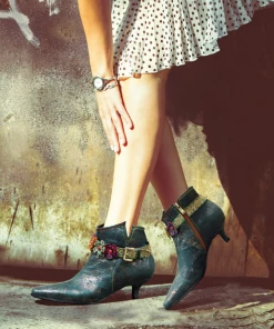 SOFFIA |Green Washed Floral Deco Genuine Leather Bootie Kitten Heel Ankle Boots