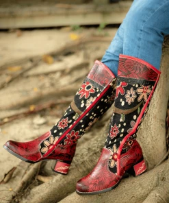 Soffia | Genuine Leather Bohemian Red Blossom Tie-Accent Leather Vintage High Knee Boots New In Shoes