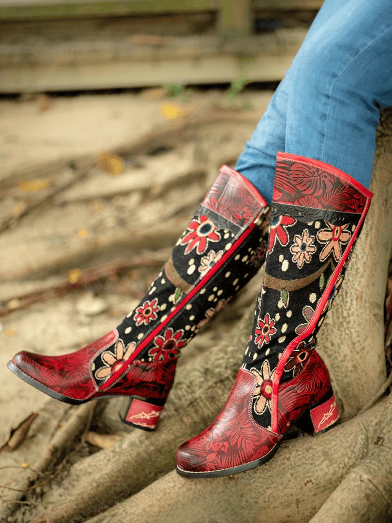 Soffia | Genuine Leather Bohemian Red Blossom Tie-Accent Leather Vintage High Knee Boots New In Shoes 2 Soffia | Genuine Leather Bohemian Red Blossom Tie-Accent Leather Vintage High Knee Boots New In Shoes