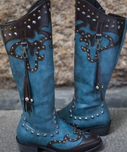 YL En Bloom | Studded Tassel Detailed Knee Western Boots - Blue