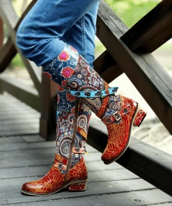 Soffia | Brown Floral Tie-Accent Leather Vintage Knee High Boots