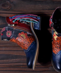 New In Shoes SOFFIA | Genuine Leather Navy Orange Tasselled Ankle Booties Flat Boots