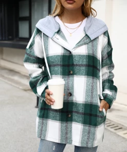 YBL Smaibulun | Hoodie Plaid Side-Pocket Button-Up Shirt - Green