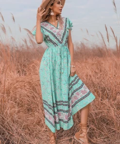 BFZY New In Clothing Smaibulun | Light Green Floral Print V-Neck Midi Dress