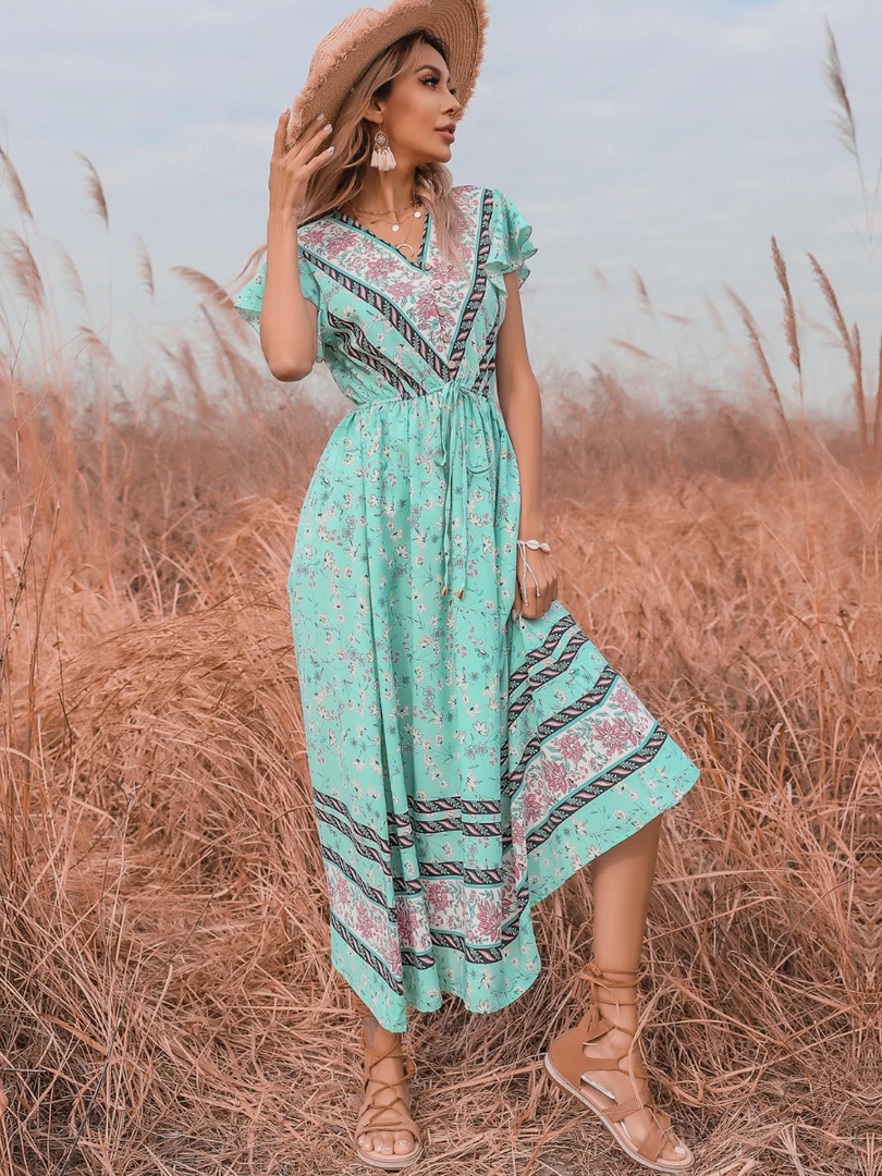 BFZY New In Clothing Smaibulun | Light Green Floral Print V-Neck Midi Dress 1 BFZY New In Clothing Smaibulun | Light Green Floral Print V-Neck Midi Dress
