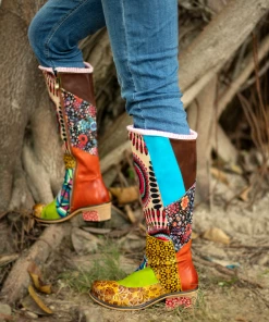 Soffia |Genuine Leather BohoFloral Tie-Accent Leather Vintage Knee High Boots